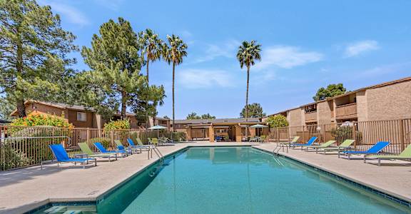 A swimming pool surrounded by palm trees and lounge chairs.