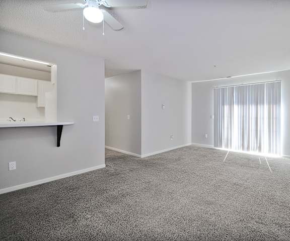 A spacious room with a ceiling fan and carpeted floor.