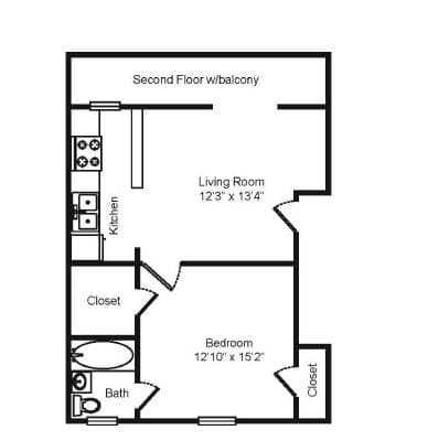 A floor plan of a traditional one bedroom/one bath apartment.
