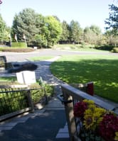 a view of a park from a balcony with flowers