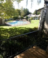a backyard with a pool and a yard with trees