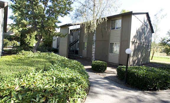 the exterior of a tan house with a sidewalk and trees