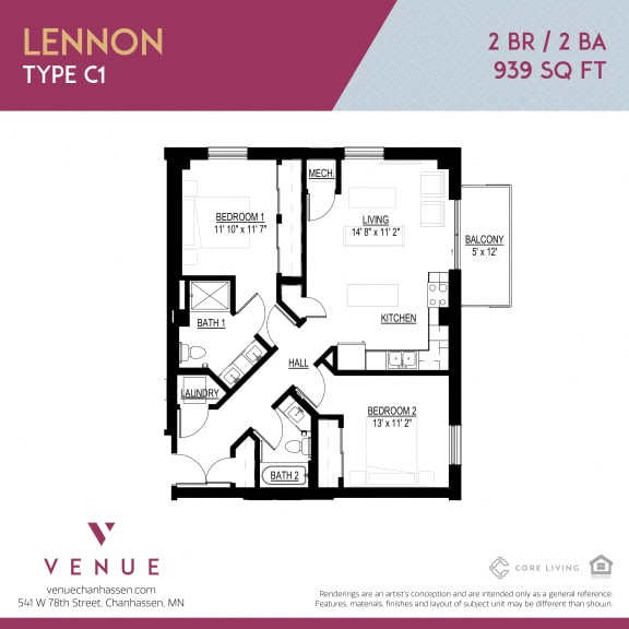 2D 2-Bed Floorplan for Venue Apartments in Chanhassen, MN