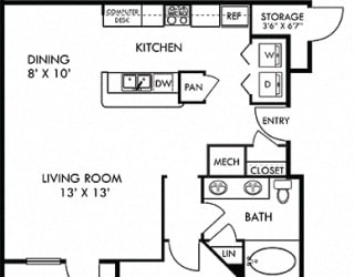 Madrid with Fenced-in Yard. 1 bedroom apartment. Kitchen with bartop open to living/dinning rooms. 1 full bathroom. Walk-in closet. Patio/balcony open to yard. External storage.