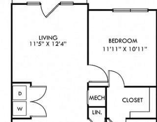 The Brooks. 1 bedroom apartment. Kitchen with island open to living/dinning rooms. 1 full bathroom. Walk-in closet. Patio/balcony.