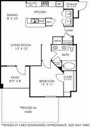 Madrid with Fenced-in Yard. 1 bedroom apartment. Kitchen with bartop open to living/dinning rooms. 1 full bathroom. Walk-in closet. Patio/balcony open to yard. External storage.