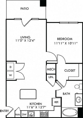 The Brooks. 1 bedroom apartment. Kitchen with island open to living/dinning rooms. 1 full bathroom. Walk-in closet. Patio/balcony.