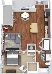 The Nelson 3D. 1 bedroom apartment. 1st floor entry. Kitchen with island open to living/dinning rooms. 1 full bathroom. Walk-in closet. Patio/balcony..
