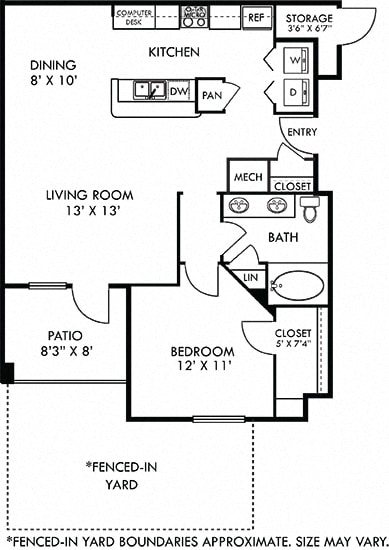 Madrid with Fenced-in Yard. 1 bedroom apartment. Kitchen with bartop open to living/dinning rooms. 1 full bathroom. Walk-in closet. Patio/balcony open to yard. External storage.