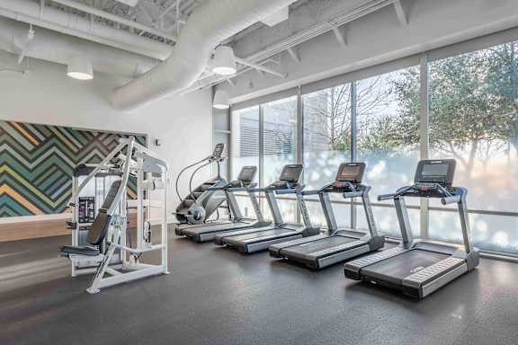 A gym with treadmills and a weight machine.