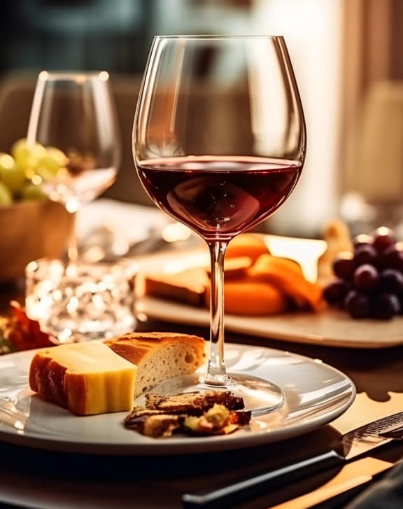 a plate of food and a glass of wine on a table