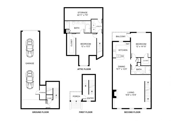 Two bedroom, two bathroom, town home, walk in closet, laundry room, hvac room, pantry, living room, kitchen.THE HARVARD floor plan, 1454 square feet.