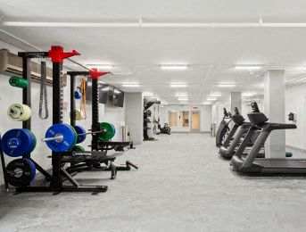 A gym with a variety of equipment including weights and treadmills.