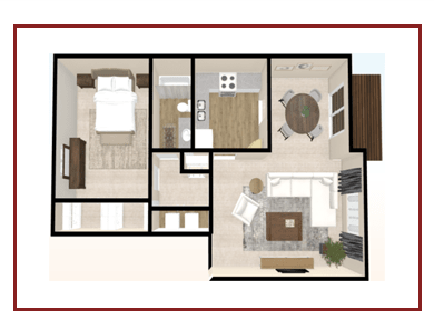 a stylized floor plan with a bedroom and a living room