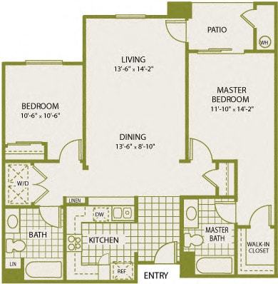 Plan 6 – 2 Bedroom 2 Bath Floor Plan Layout – 1039 Square Feet