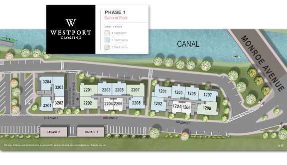 A map of Westport Crossing shows the layout of the buildings, garages, and canal.