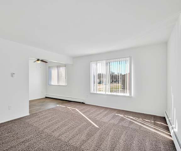A room with a carpeted floor and a window with blinds.