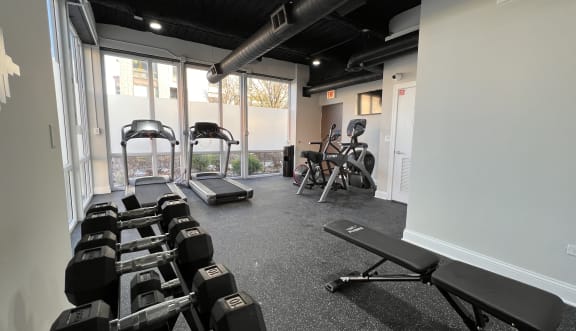 a gym with cardio machines and weights on the floor