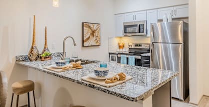 A kitchen with a granite countertop and stainless steel appliances.