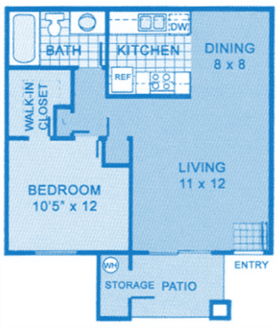 Cantera 1B Floor Plan image depicting layout of home. Kitchen, dining and living room on the right, bedroom and bathroom on the left.
