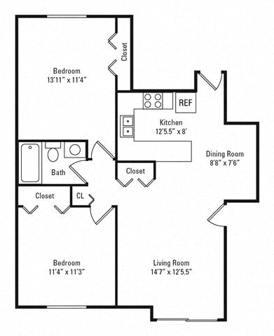2 Bed 1 Bath 846 square feet floor plan