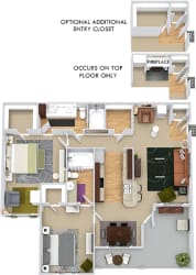 3D Brighton 2 bedroom apartment. kitchen with bar overlooking dining room-living room. optional extra entry closet. fireplace on 3rd floors. 2 baths. walk in closets. in-unit laundry. patio/balcony