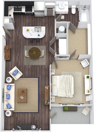 Duke 3D. 1 bedroom apartment. Kitchen with island open to living/dinning rooms. 1 full bathroom. Walk-in closet. Patio/balcony.