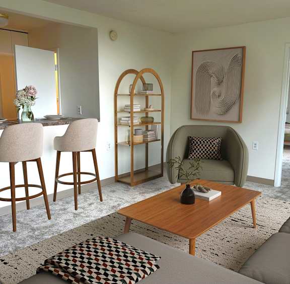 A living room with a brown wooden coffee table and a grey sofa.