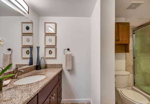 A bathroom with a sink, toilet, and a glass shower door.