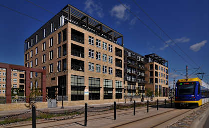 a building with a train in front of it