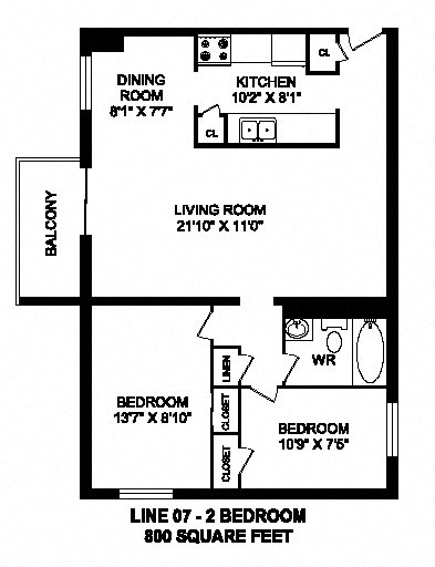 Two bedroom, one bathroom apartment layout at Trillium Apartments in Cobourg, ON