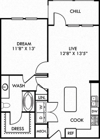The Skyline. 1 bedroom apartment. Kitchen with island open to living room. 1 full bathroom. Walk-in closet. Patio/balcony.
