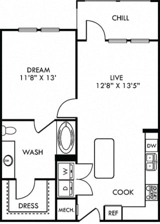Zilker. 1 bedroom apartment. Kitchen with island open to living room. 1 full bathroom. Walk-in closet. Patio/balcony.