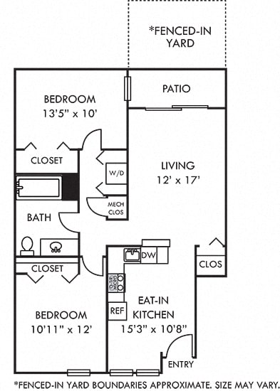 The Hemlock with Fenced-in Yard. 2 bedroom apartment. Kitchen with bartop open to living/dinning room. 1 full bathroom. large closets. Patio/balcony open to yard