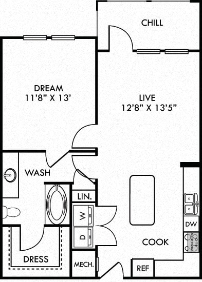 The Skyline. 1 bedroom apartment. Kitchen with island open to living room. 1 full bathroom. Walk-in closet. Patio/balcony.