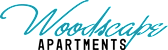 The image displays the word "Woodscaps" in a cursive, teal font.