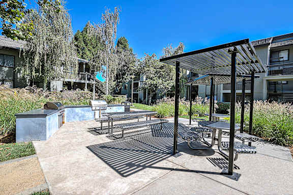 A sunny day at a park with a picnic table and benches.
