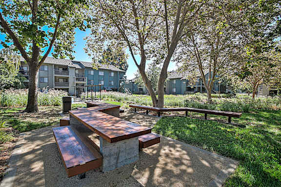 A wooden bench sits in the middle of a concrete area with trees and apartment buildings in the background.