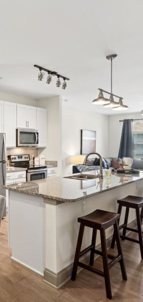 a living room with a kitchen and a dining table
