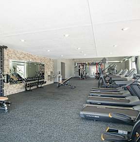 A gym with a row of treadmills on the left and a row of exercise bikes on the right.at Linc, Des Moines