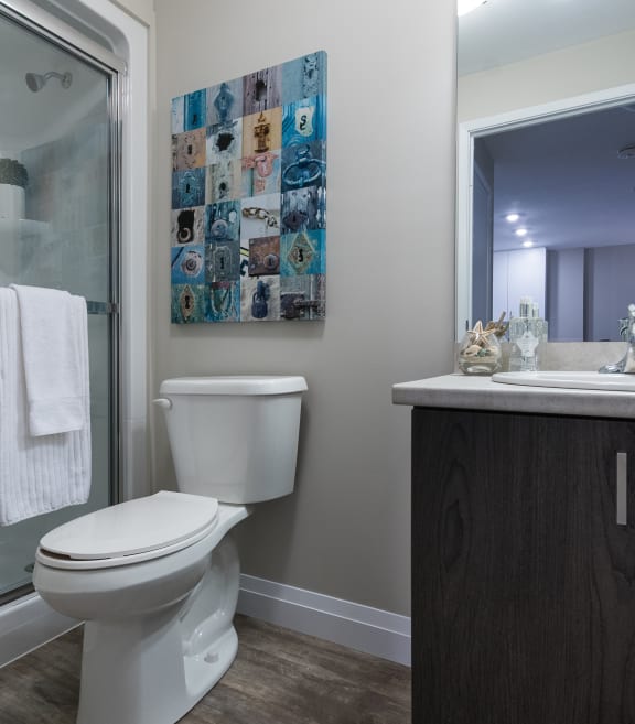 a bathroom with a toilet sink and shower