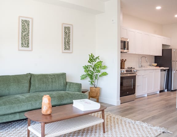 A living room with a green couch and a coffee table.