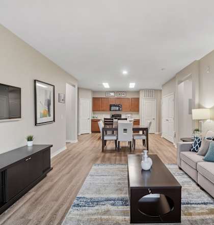 A living room with a couch, coffee table, and television.