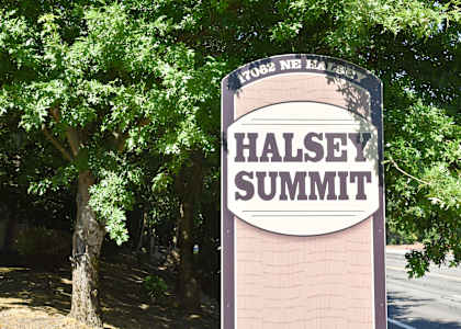 A sign for Halsey Summit stands in front of trees.