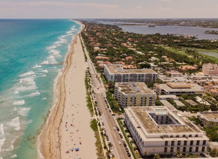 a view of the beach and the ocean from the air