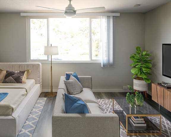 a living room with two couches and a coffee table