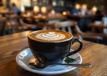 A cup of coffee with latte art on top is placed on a saucer with a spoon beside it.