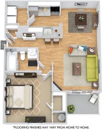 Abby 3D. 1 bedroom apartment. Kitchen with bartop open to living/dining room. Fire place. 1 full bathroom. Walk-in closet. Patio/balcony.