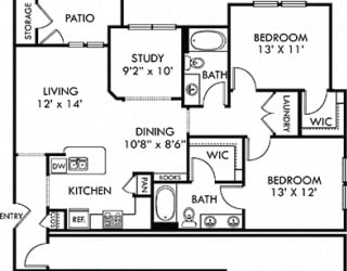 Brazos with Attached Garage. 2 bedroom apartment + study room. Kitchen with bartop open to living/dinning rooms. 2 full bathrooms, double vanity in master. Walk-in closets. Patio/balcony.