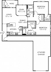 Brazos with Attached Garage. 2 bedroom apartment + study room. Kitchen with bartop open to living/dinning rooms. 2 full bathrooms, double vanity in master. Walk-in closets. Patio/balcony.